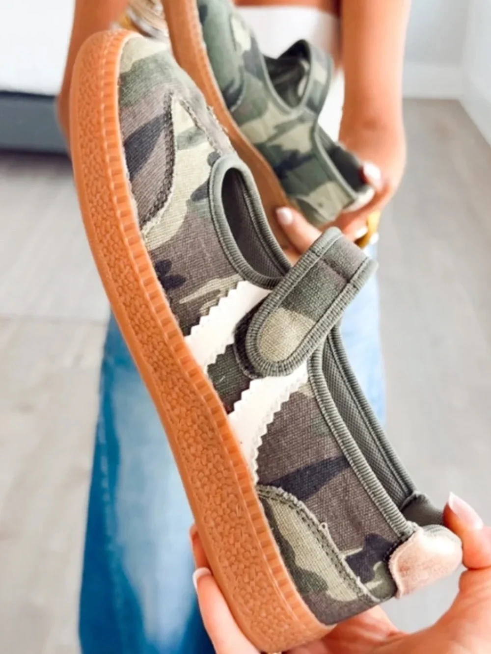 Women’s Camo Slip-On Mary Jane Sneakers in Olive Green